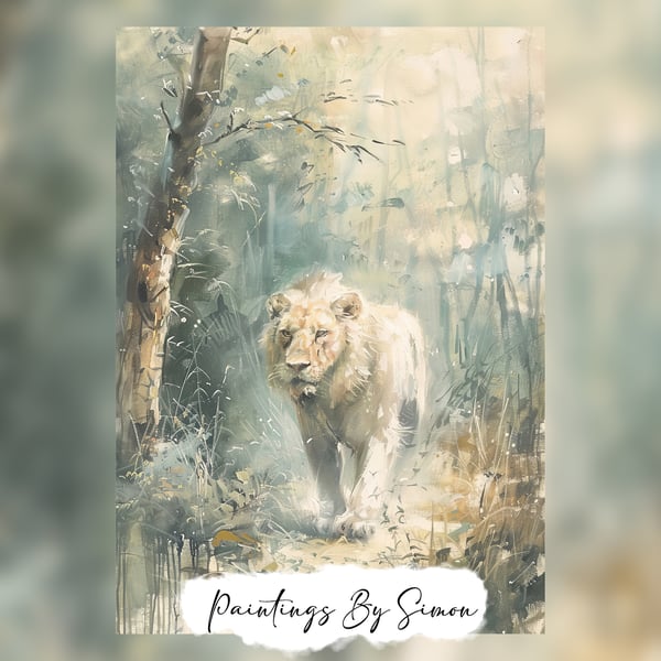 Majestic Lion Forest, Watercolor Painting Print 5"x7" on Matte Paper