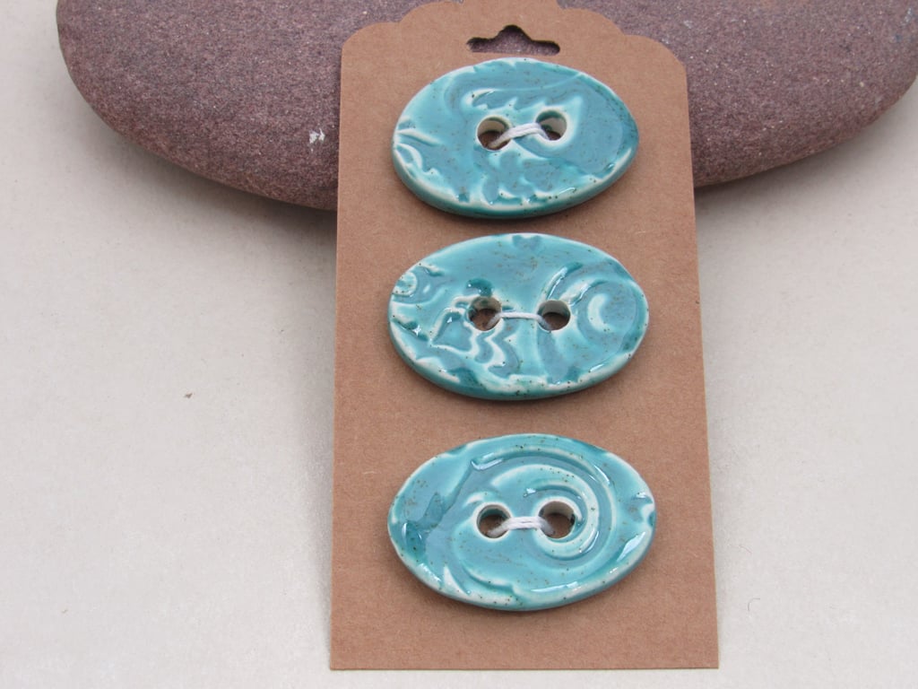 3 Medium Oval Jade Green Brocade Pattern Ceramic Buttons