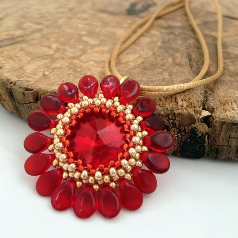 SALE - Red Flower Pendant Necklace