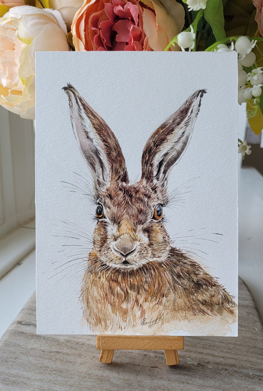 ORIGINAL watercolour painting signed, brown hare , Wildlife , NOT a PRINT 