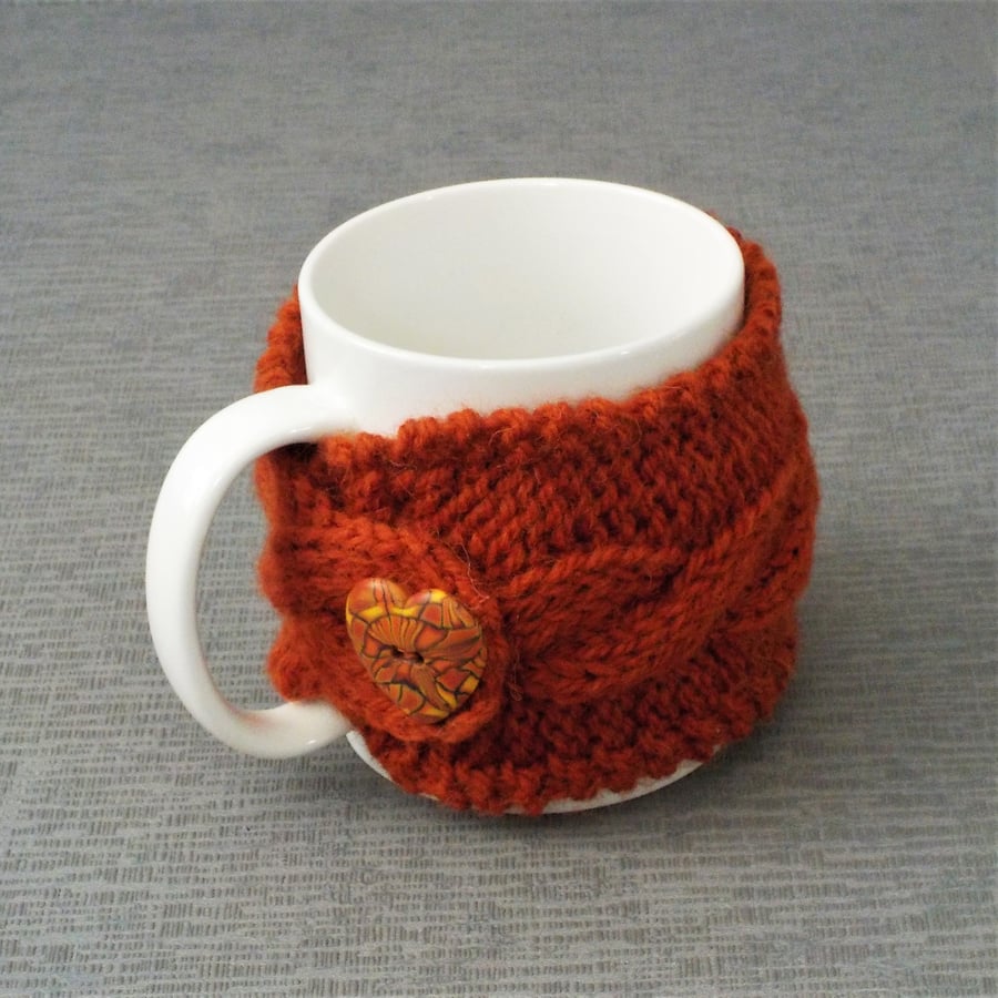 Heart button mug cosy handknit British wool burnt orange thank you gift