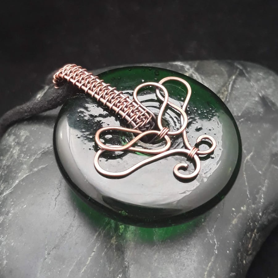 Copper Wire Weave Green Glass Donut Pendant
