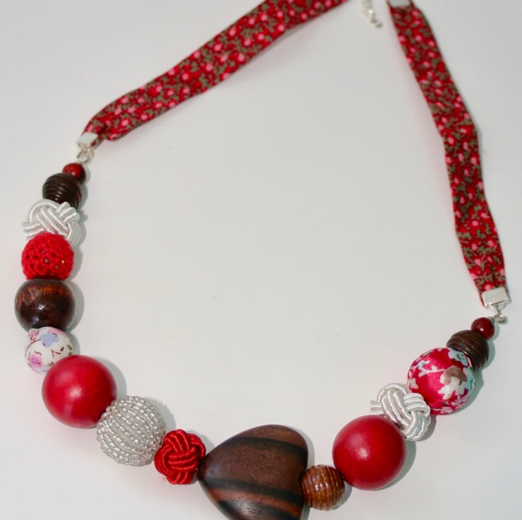 Chunky red wood and textile bead necklace - Folksy