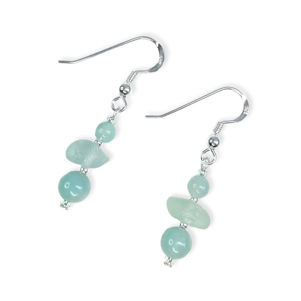 Sea Glass Earrings. Green Amazonite Crystal Dangly Earrings - Sterling Silver