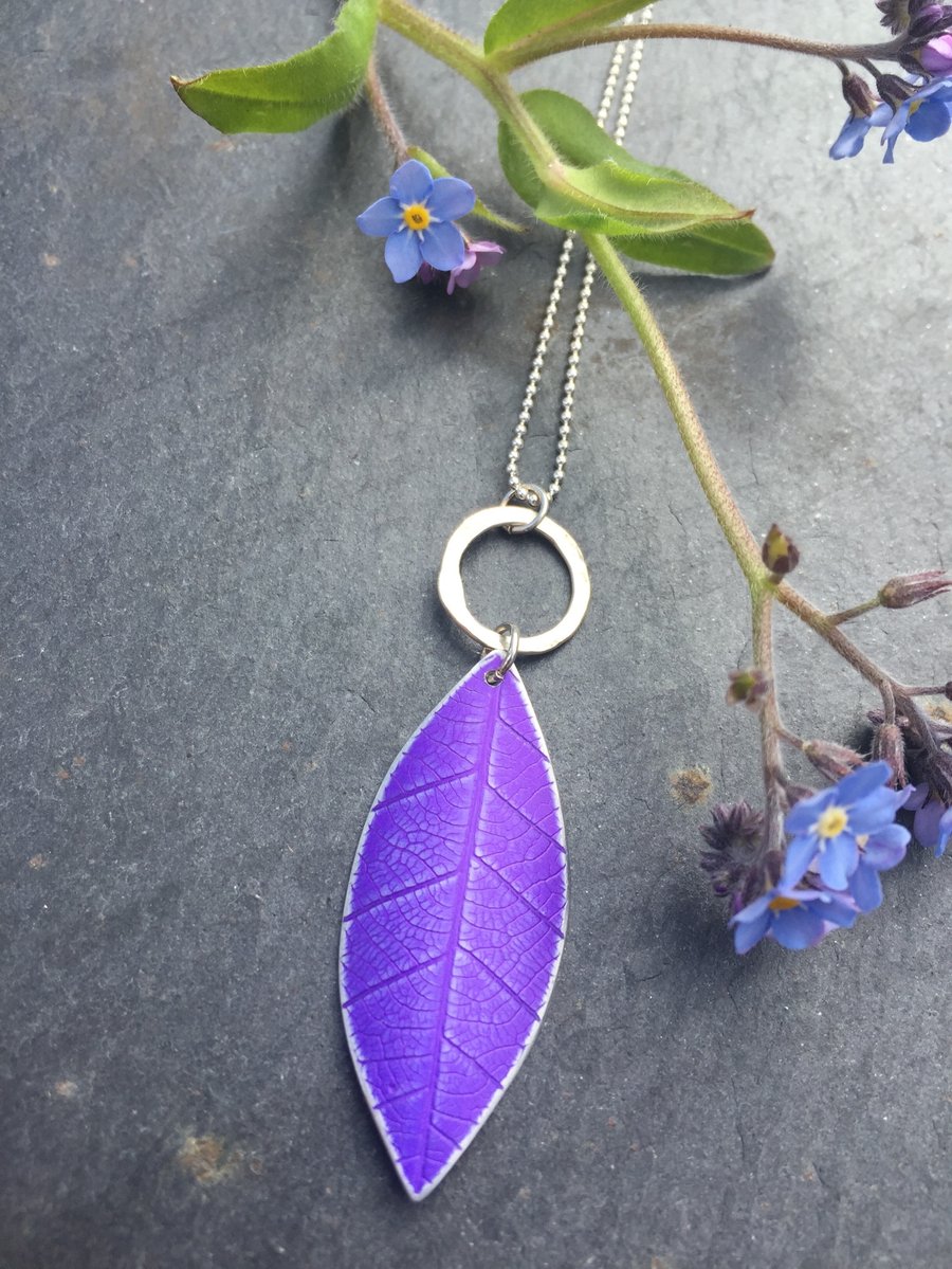Purple anodised aluminium distressed leaf pendant with silver ring