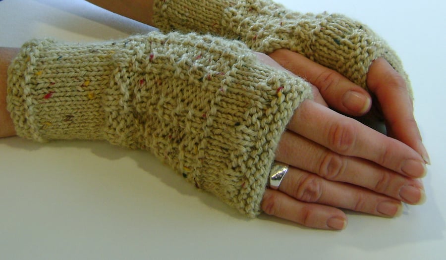 Fingerless Gloves Mittens Wrist Warmers in Sand Aran Wool