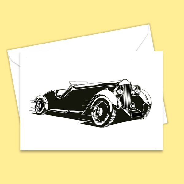 Classic Thirties Car Greetings Card Printed from Hand Drawn Pen and Ink Artwork