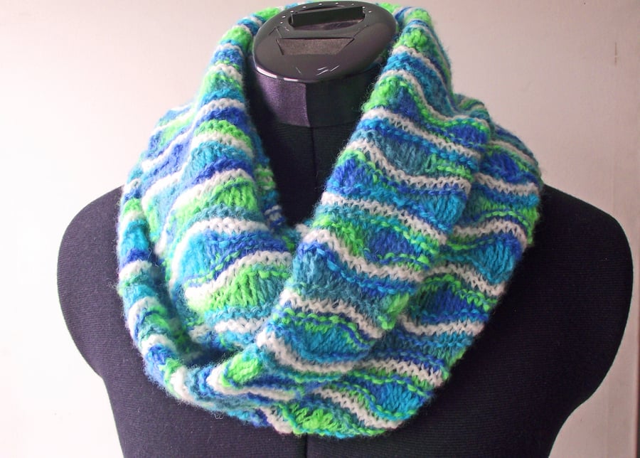 Infinity Scarf, Knitted, Hand Dyed, Handspun, Soft Merino Wool, Greens, Blues