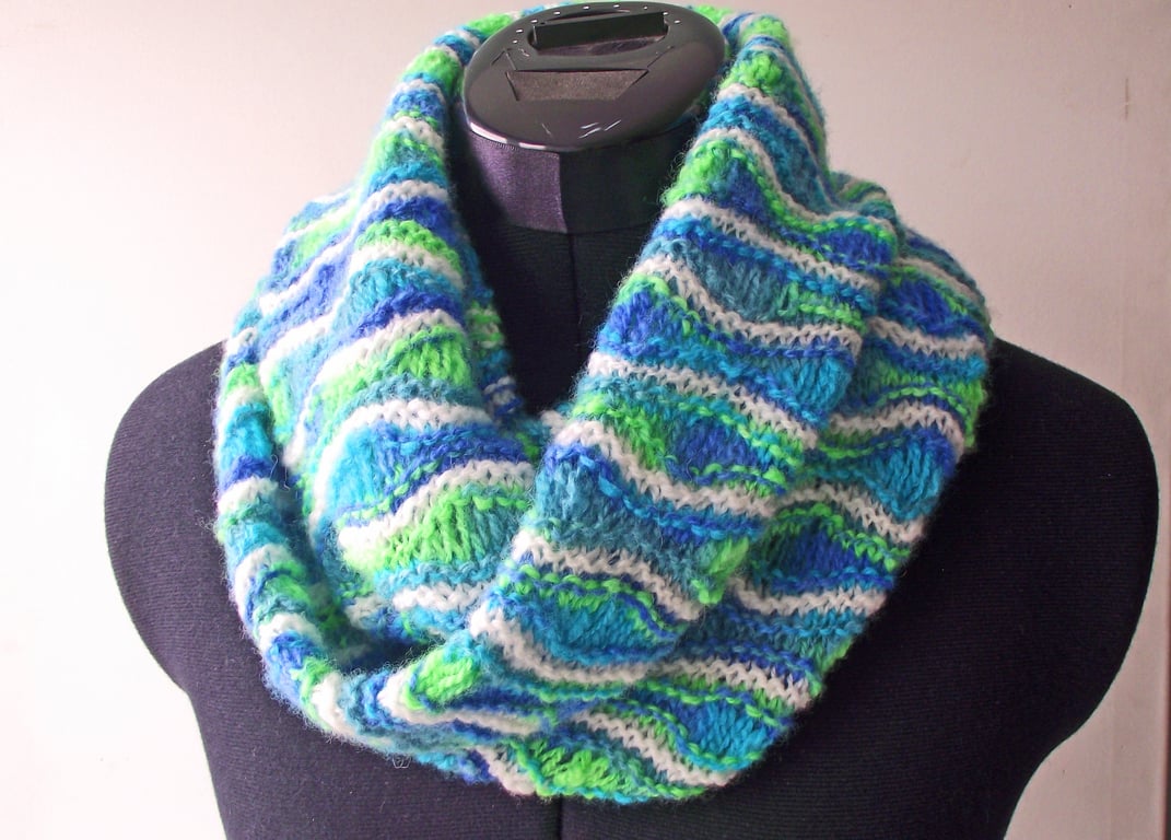 Infinity Scarf, Knitted, Hand Dyed, Handspun, Soft Merino Wool, Greens, Blues