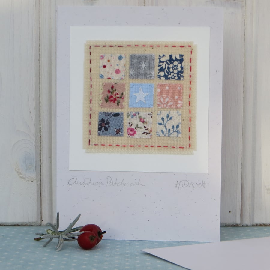 Christmas Patchwork, hand-stitched miniature with white star, delicate, pretty!