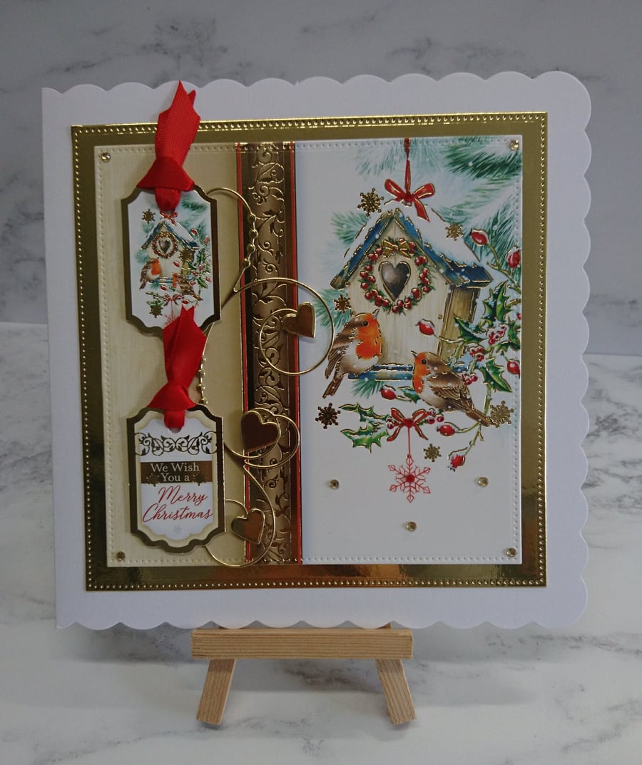 Handmade Christmas Card Merry Christmas Robins Bird House Love Hearts