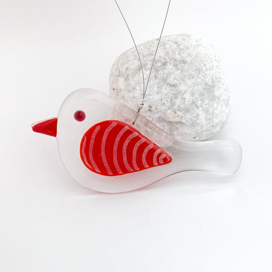 Fused Glass Red Stripy Bird Hanging - Handmade Glass Suncatcher