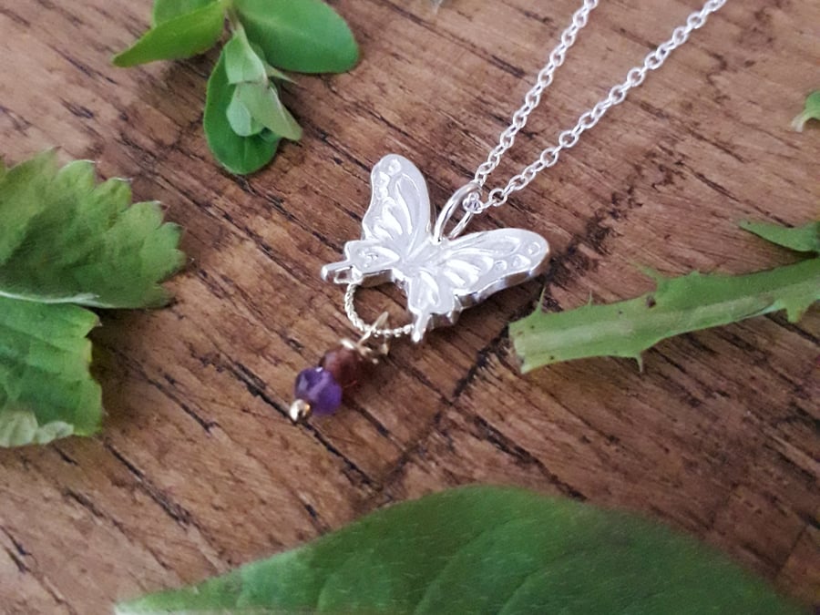 Little Butterfly Charm Necklace with Gemstones - recycled silver 