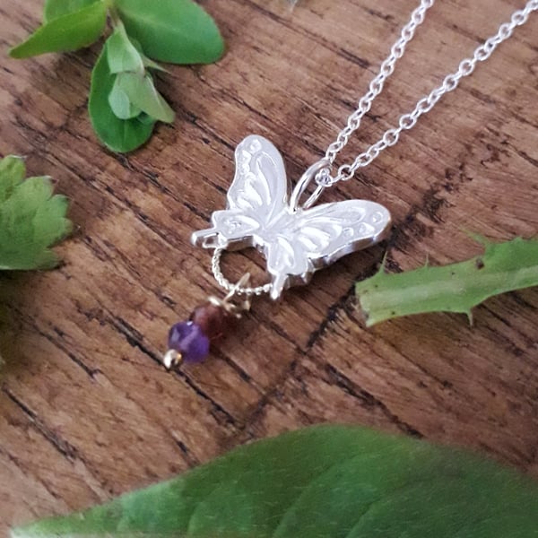 Little Butterfly Charm Necklace with Gemstones - recycled silver 