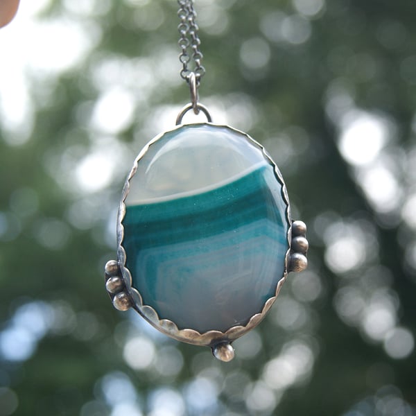 Blue Green Banded Onyx Necklace, Silver and Copper Rustic Pendant