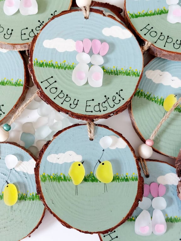 Sea Glass Easter Decorations - Cute Bunnies & Yellow Chicks