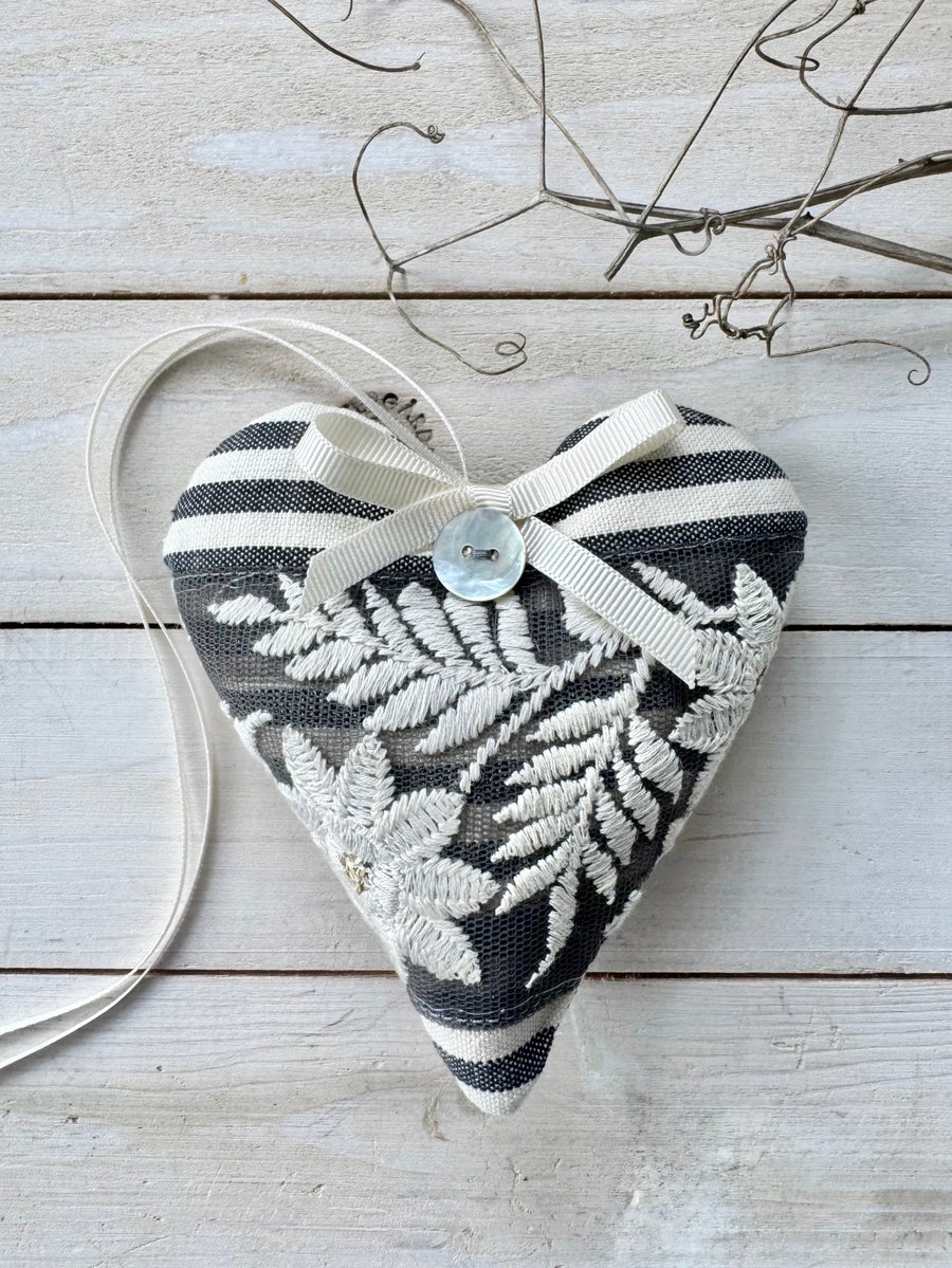 WINTER HEART DECORATION - charcoal and ecru stripes, embroidered foliage