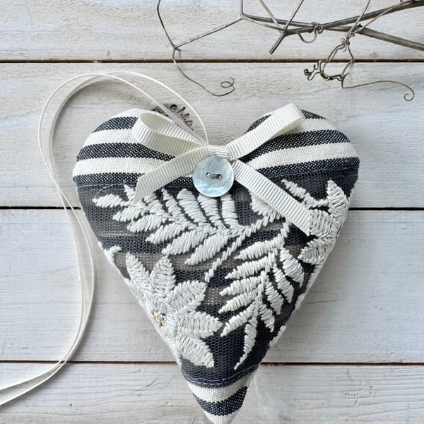 WINTER HEART DECORATION - charcoal and ecru stripes, embroidered foliage