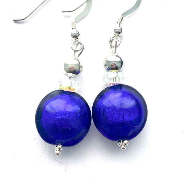 Murano Glass sapphire blue earrings with sterling silver..