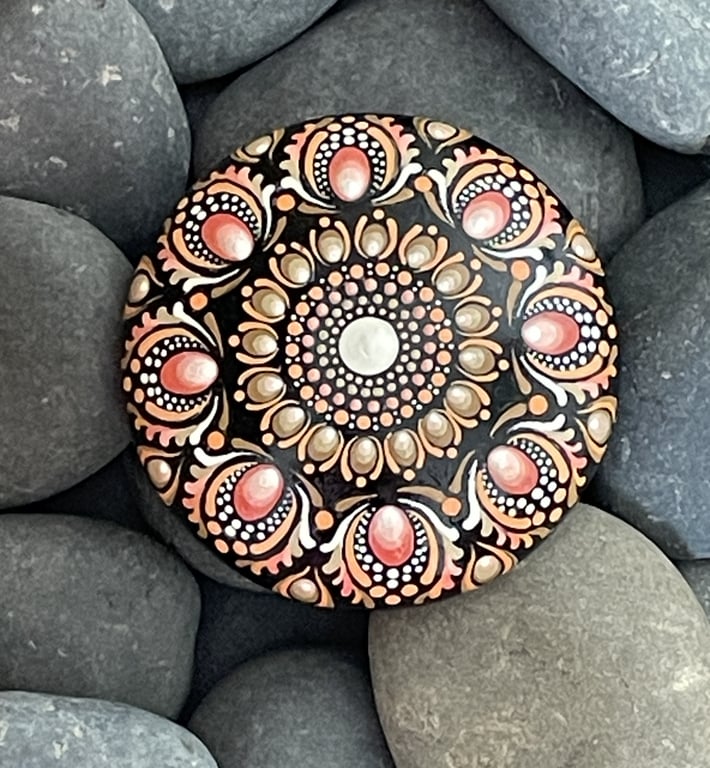 Brown Orange Mandala Painted Rock Art Stone Acrylic Art Painting Hand Painted
