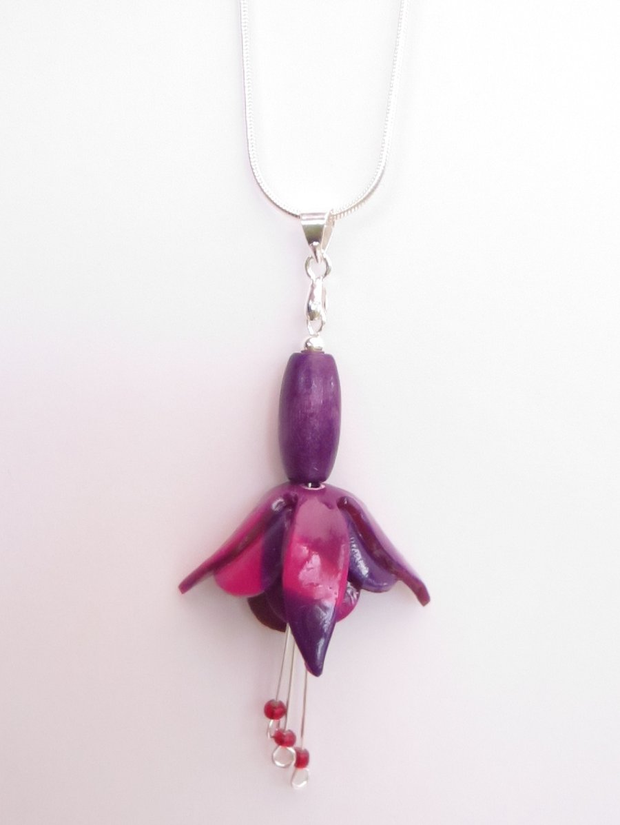 Fuchsia Flower Pendant, Multicoloured, on sterling silver chain