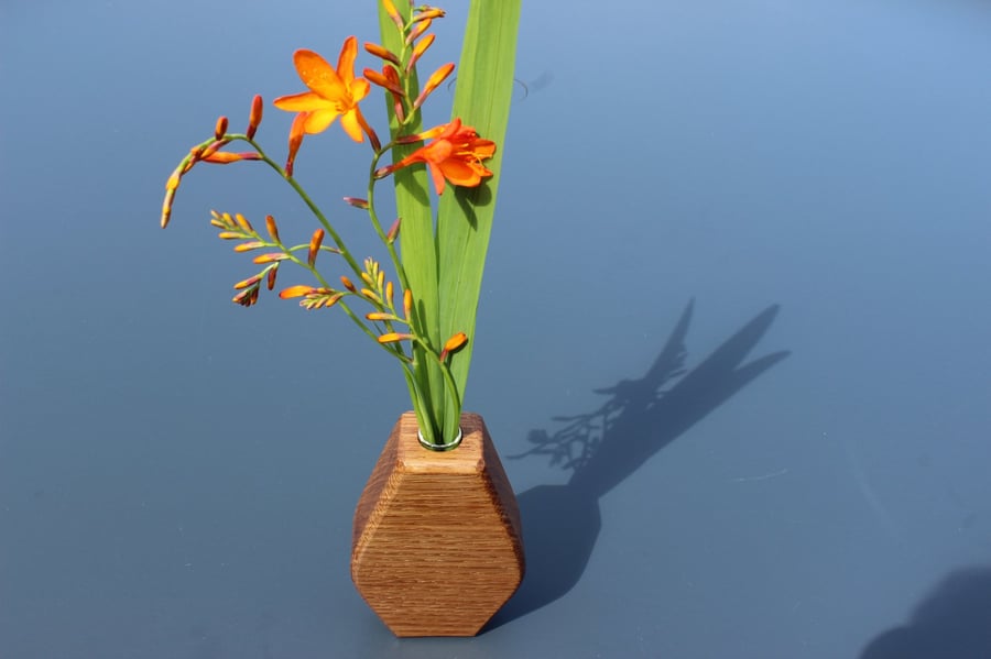 Handcrafted Oak Wood Sculptural Bud Vase with Glass Liner