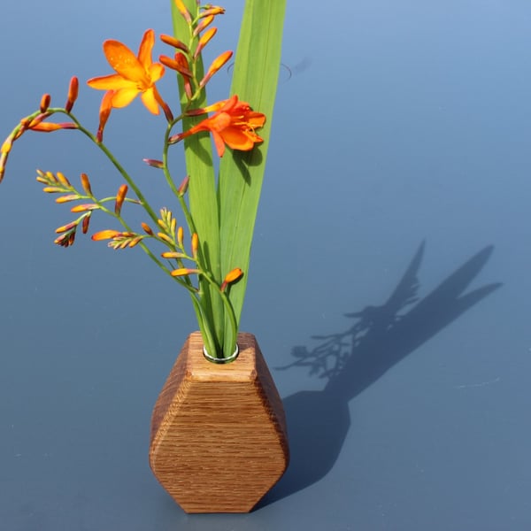 Handcrafted Oak Wood Sculptural Bud Vase with Glass Liner