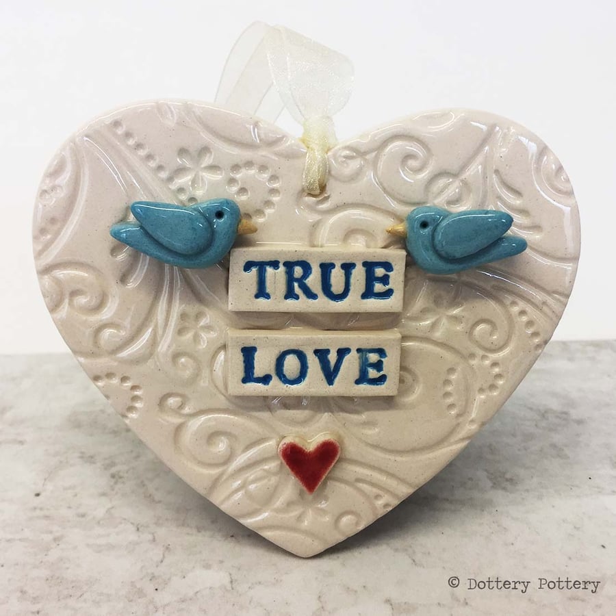 Ceramic heart decoration with birds Love heart Wedding