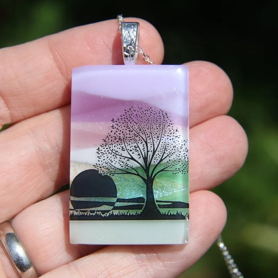 Dichroic Glass Tree Pendant: Fused Glass Sunset Landscape Necklace F9