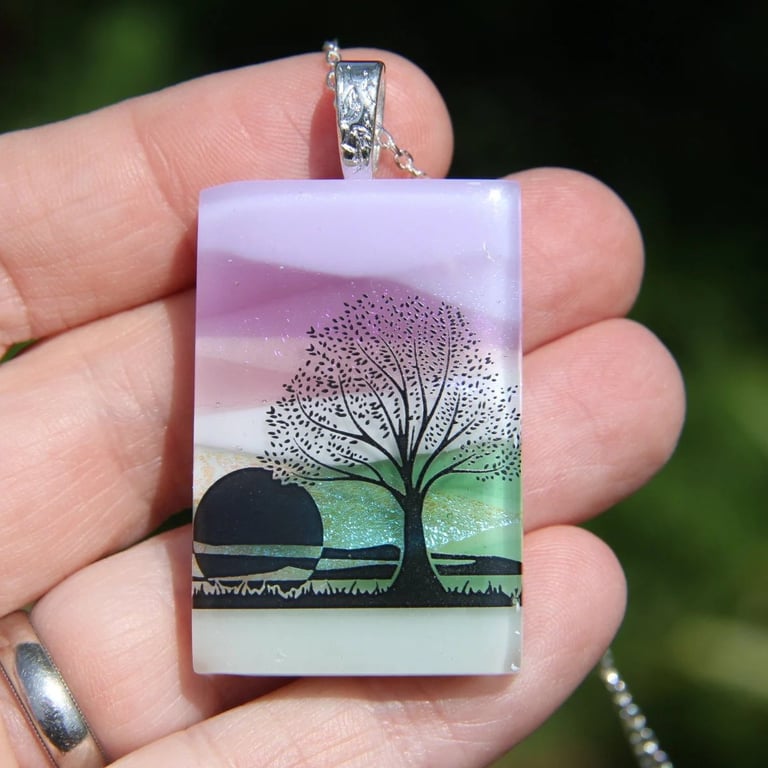 Dichroic Glass Tree Pendant: Fused Glass Sunset Landscape Necklace F9