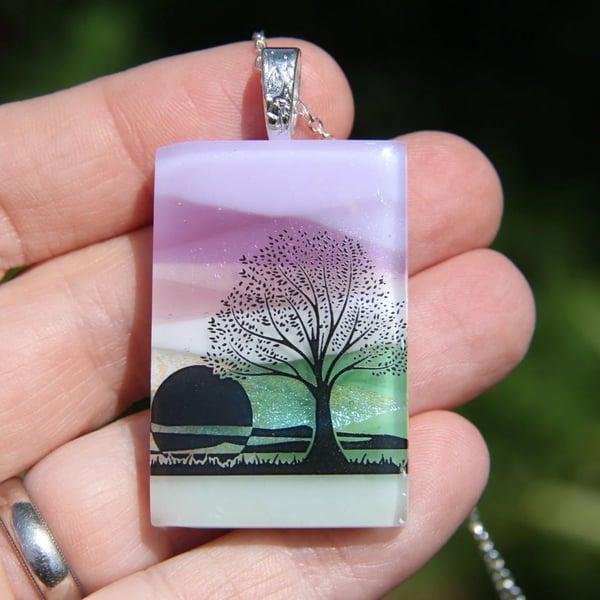 Dichroic Glass Tree Pendant: Fused Glass Sunset Landscape Necklace F9