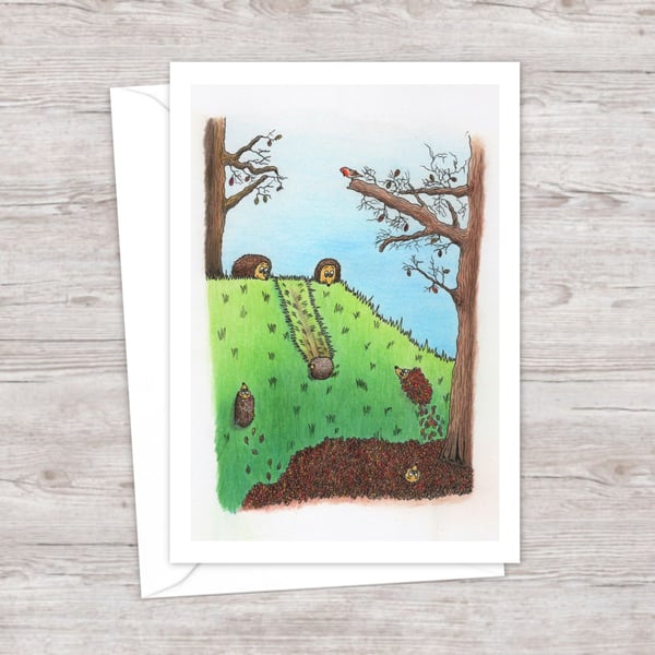 Playful Hedgehogs Greeting Card: Cute Hand Drawn Pencil Illustration (214)