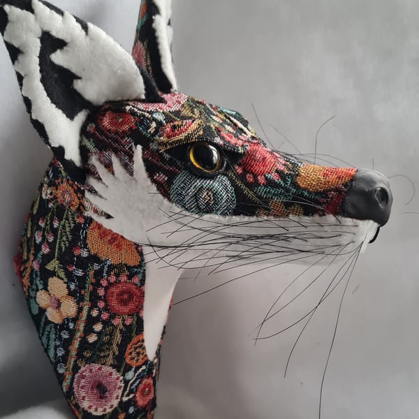 Faux fox wall mount in floral  Kew Gardens tapestry fabric