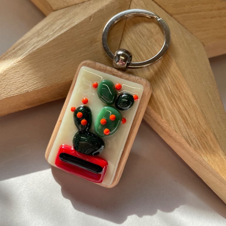 Flowering Cactus fused glass keyring  