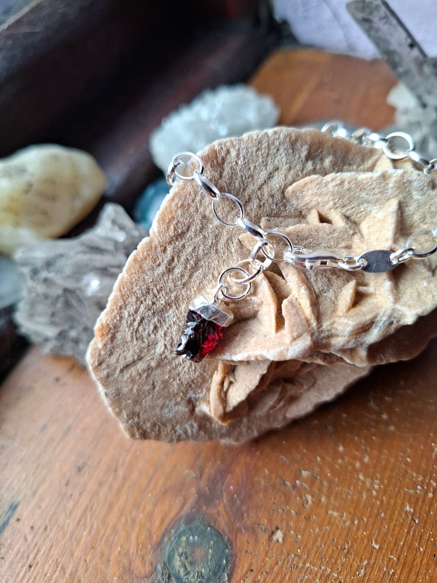 Raw Garnet Crystal and Sterling Silver Bracelet - January Birthstone