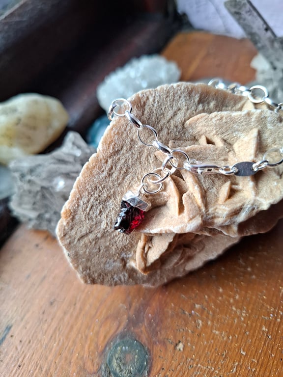 Raw Garnet Crystal and Sterling Silver Bracelet - January Birthstone