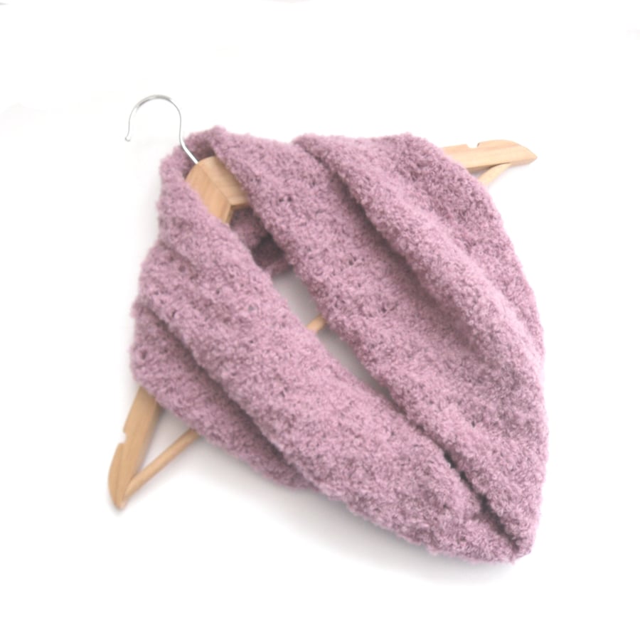 Dusky pink alpaca boucle hand knitted cowl 