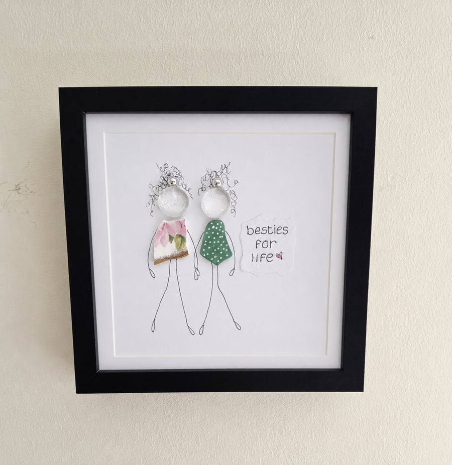 Best Friends Sea Glass Gift - Besties For Life Shadow Box - Handmade Friendship 