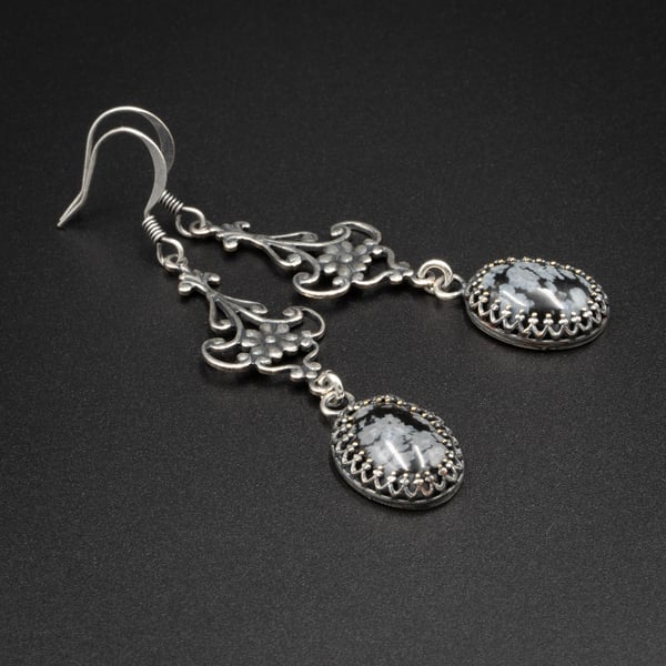 Snowflake obsidian gemstone earrings, Capricorn gift. 
