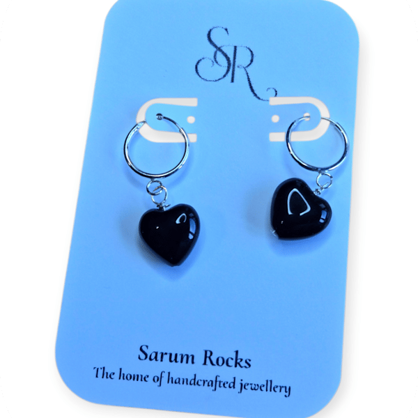 Shiny Black Agate Heart Earring