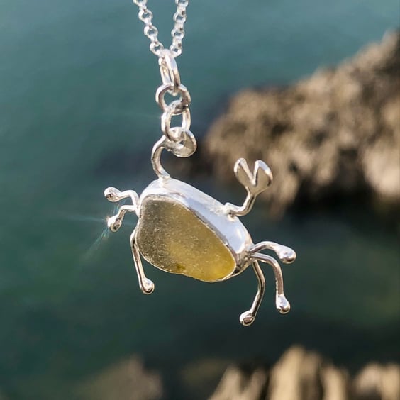 Olive Yellow Sea Glass and Sterling Silver Crab Pendant - 1297