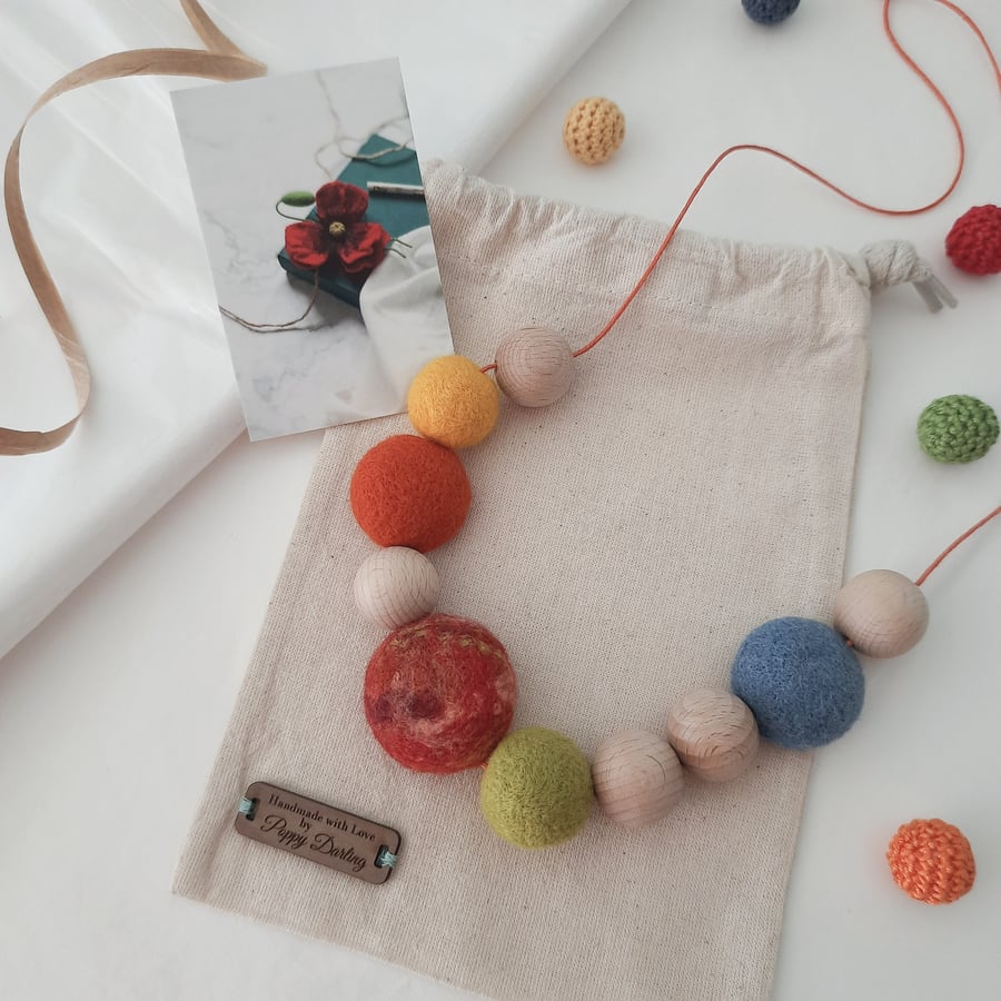 Needle Felted  Wool & Wood Mix Necklace-Orange Mix