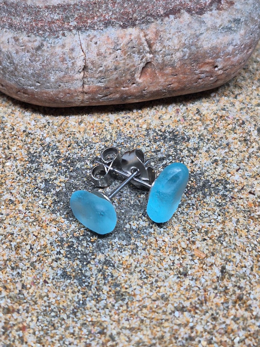 Blue Sea Glass stud Earrings. 