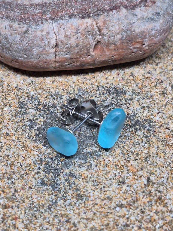 Blue Sea Glass stud Earrings. 