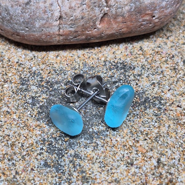 Blue Sea Glass stud Earrings. 