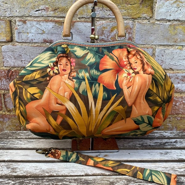 Burlesque glamour girls large fabric frame handbag, Handle, detachable strap