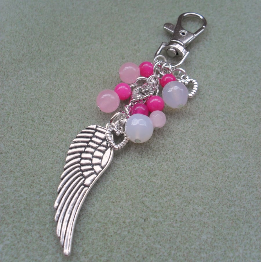 SALE 3 POUNDS Angel Wing Feather Bag Charm Pink and Silver