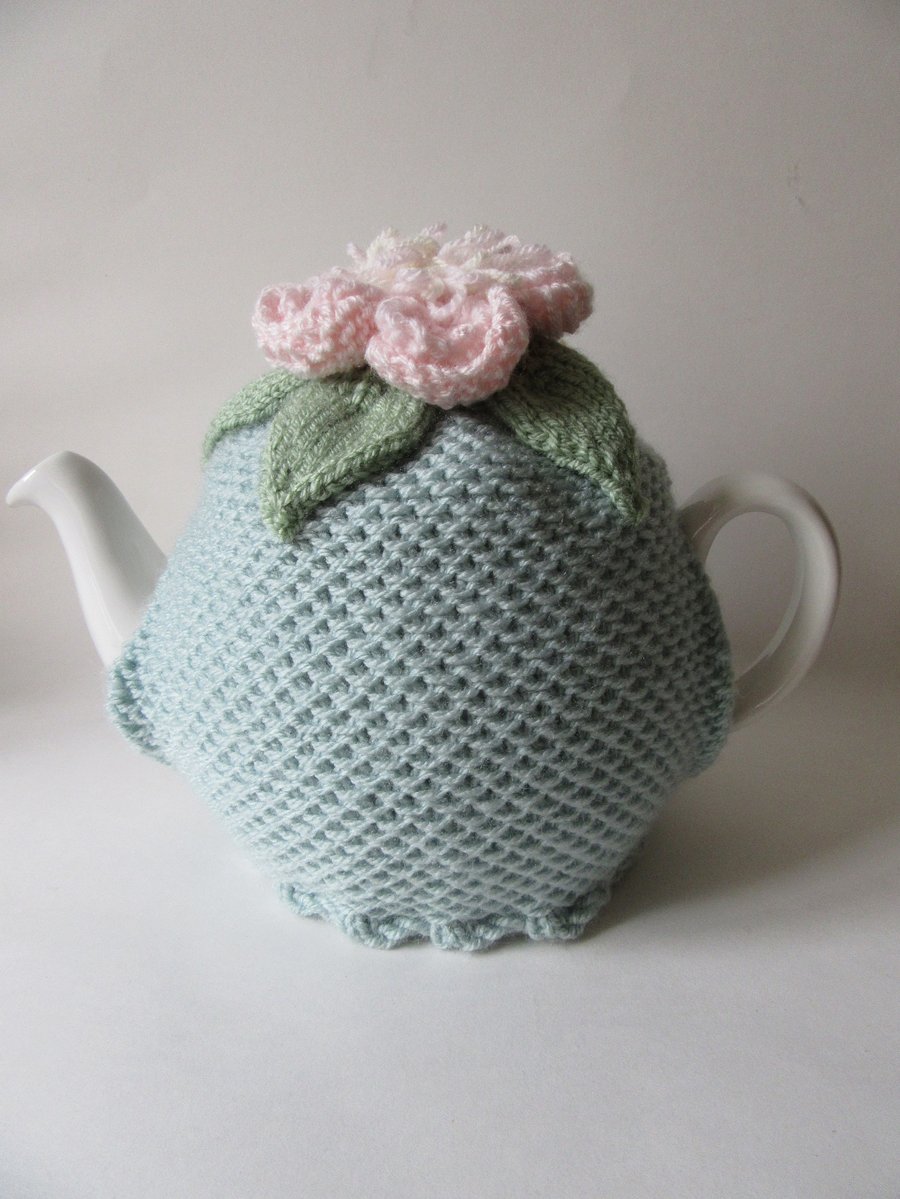 Tea cosy tea cosie - duck egg blue tea pot cosie with peony flower