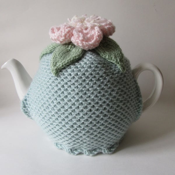 Tea cosy tea cosie - duck egg blue tea pot cosie with peony flower