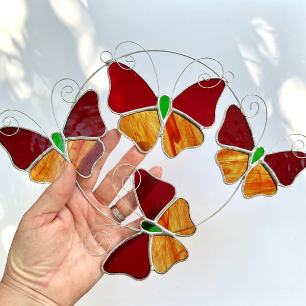 Stained Glass Butterfly Ring - Handmade Hanging Decoration - Red and Streaky Red